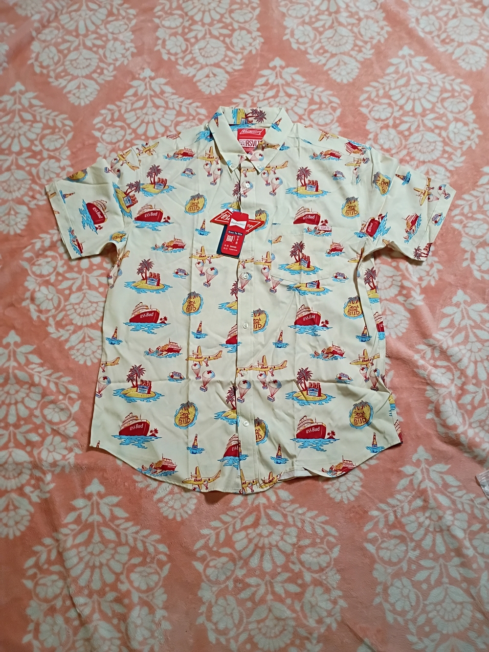 RSVLTS Budweiser Shirt Hawaiian Camp AOP Button Up Send More Bud Beer Men Sz XL